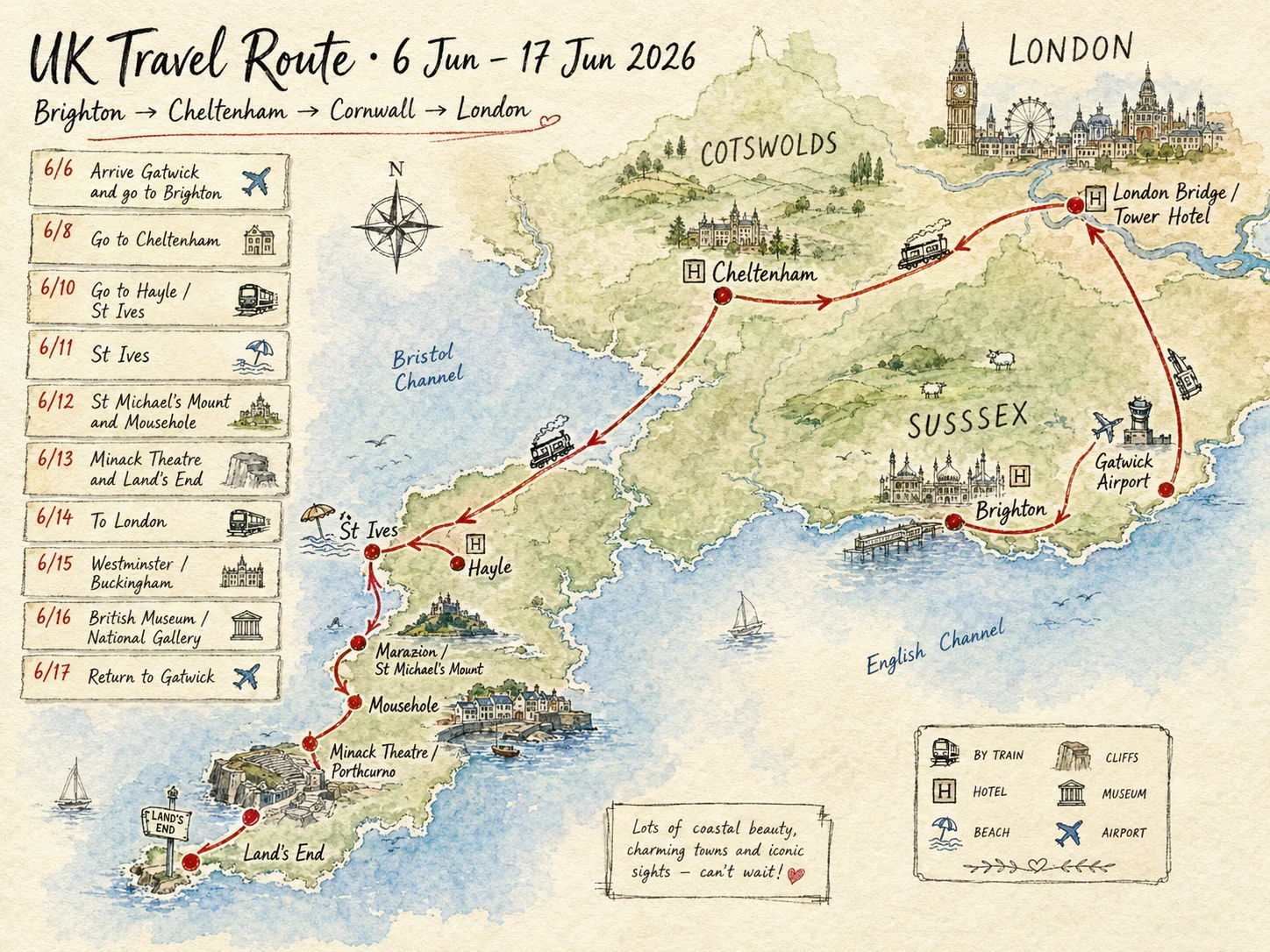 英格兰与康沃尔旅行总览手绘地图